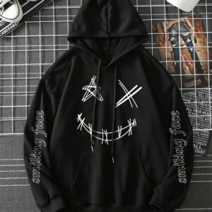 Smiling Face Graphic Hoodie – Black Streetwear Pullover