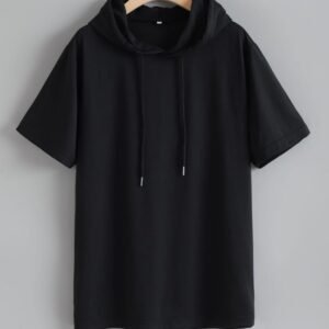 Solid Black Short-Sleeve Hooded T-Shirt