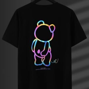 Reflective Neon Bear Graphic T-Shirt – Black Casual Streetwear Tee