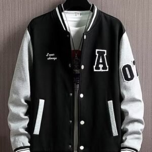 Classic Varsity Letterman Jacket – Black & Grey Casual Bomber