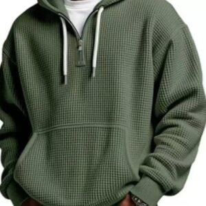 Men’s Waffle Knit Half-Zip Hoodie – Olive Green Casual Sweatshirt