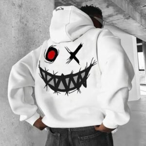 Evil Grin Graphic Hoodie – White Streetwear Pullover