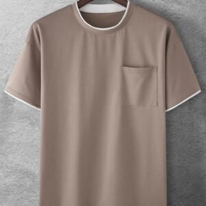 Minimal Pocket Contrast Trim T-Shirt – Beige